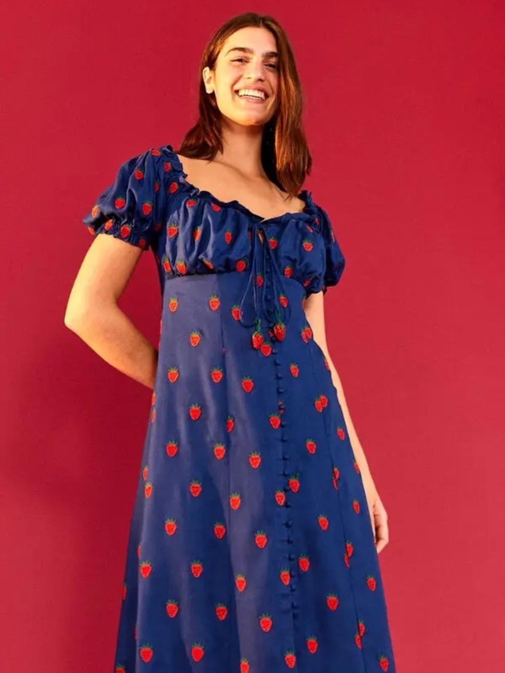 FARM Rio Navy Midi Dress with Red Strawberry Print NWT